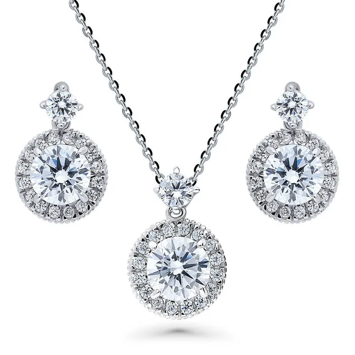 Necklaces BERRICLE Halo Milgrain CZ Necklace and Earrings in Sterling Silver