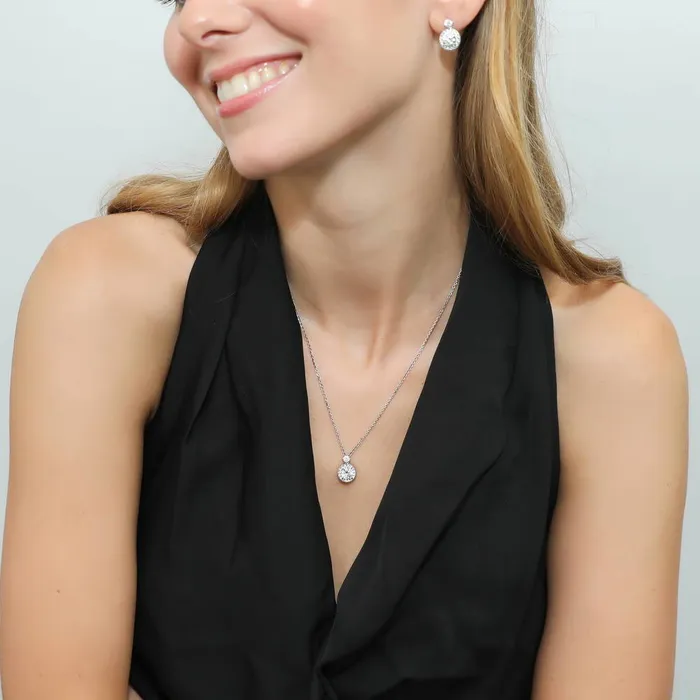 Necklaces BERRICLE Halo Milgrain CZ Necklace and Earrings in Sterling Silver