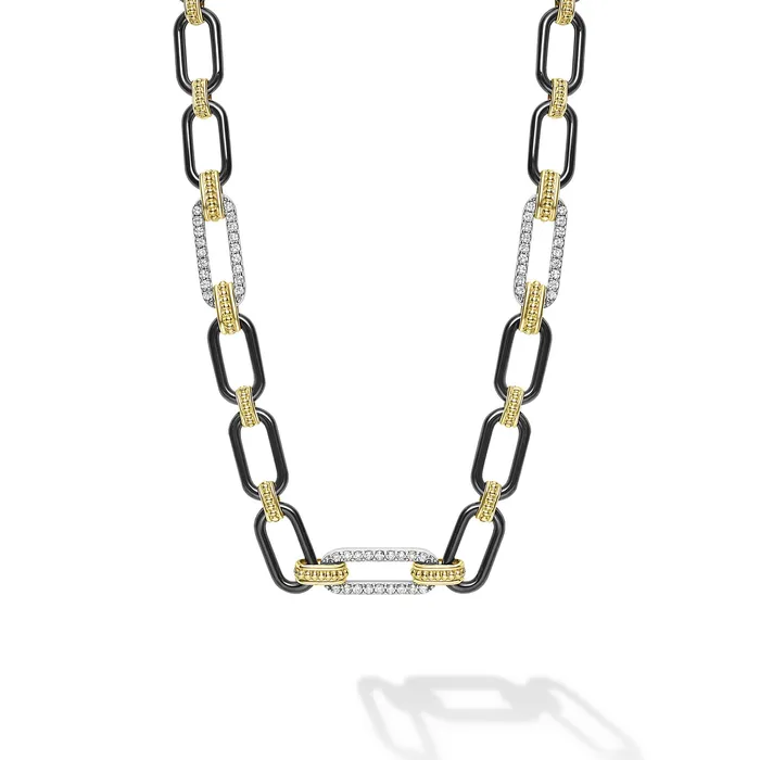 Necklaces LAGOS Signature Caviar 18K Gold and Black Ceramic Three Diamond Station Link Necklace 6mm