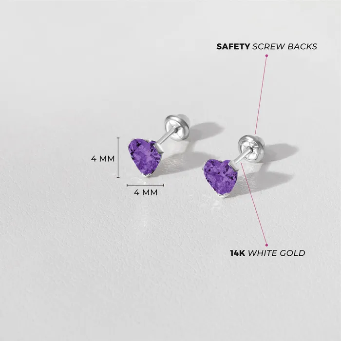 Baby Screw Back Earrings Earrings 14k White Gold Delicate Cubic Zirconia Heart 4mm Kids Childrens Girls Earrings Screw Back