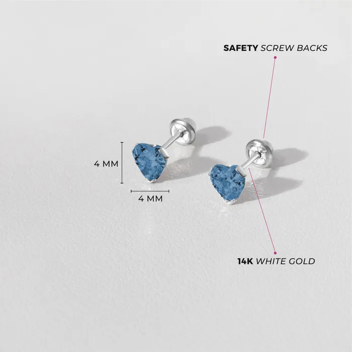 Baby Screw Back Earrings Earrings 14k White Gold Delicate Cubic Zirconia Heart 4mm Kids Childrens Girls Earrings Screw Back