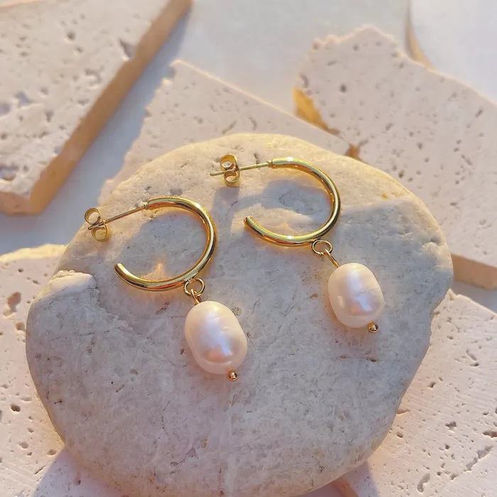 Earrings Refined by AnnaKaci Gold Open Hoop Pearl Earrings